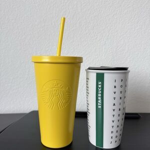 Lot 2 Starbucks 2016 Tumbler 12 fl oz Ceramic/16oz Yellow metal w/ Straw